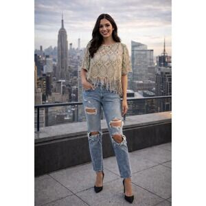 Vintage 80s 90s  Fringe Top Womens 24W Gold Metallic Knit Oversized Baggy Club